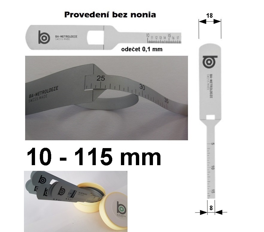 Měřicí pásek pro měření vnějšího průměru 10-115 mm, odečet 0,1 mm, provedení bez nonia