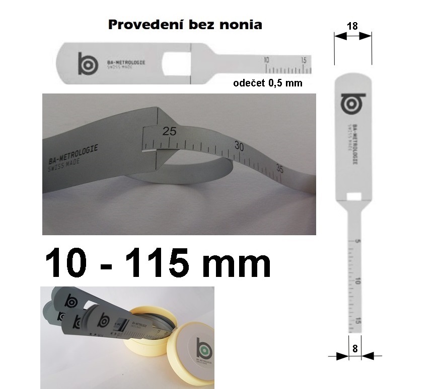 Měřicí pásek pro měření vnějšího průměru 10-115 mm, odečet 0,5 mm, provedení bez nonia