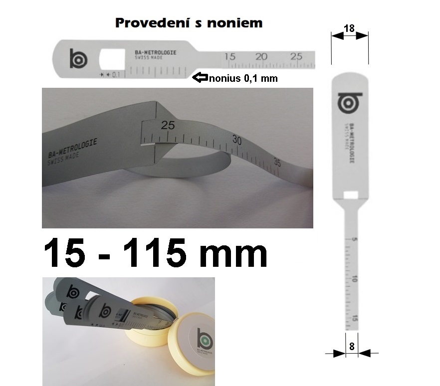 Měřicí pásek pro měření vnějšího průměru 15-115 mm, provedení s noniem 0,1 mm