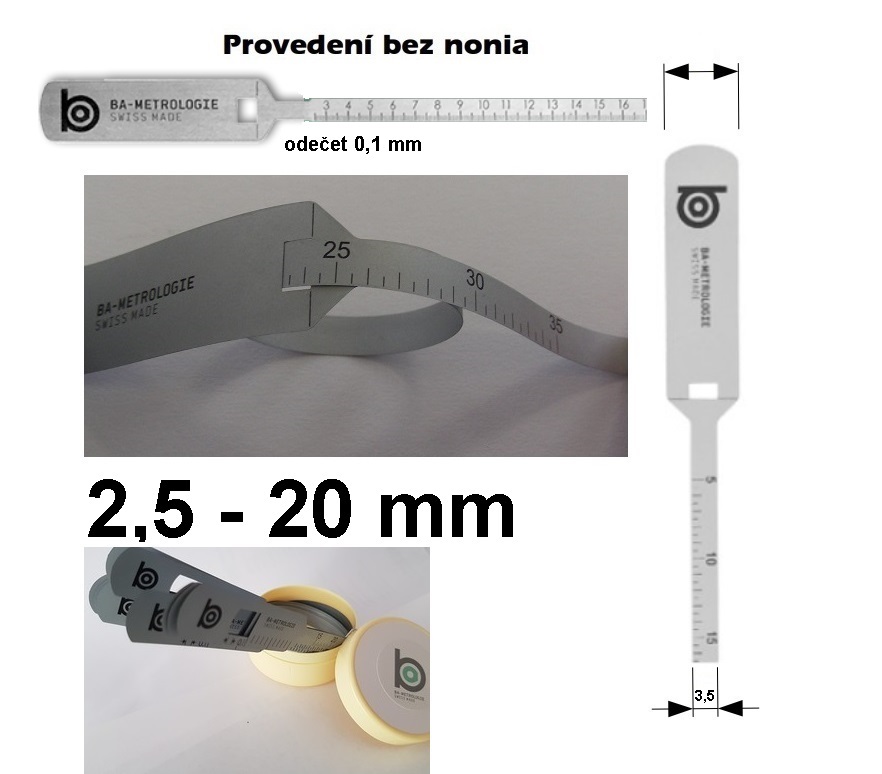Měřicí pásek pro měření vnějšího průměru 2,5-20 mm, odečet 0,1 mm, provedení bez nonia