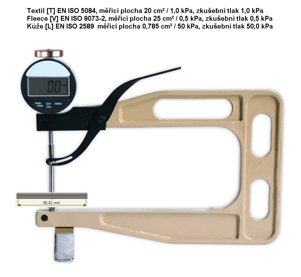 Digitální tloušťkoměr na fleece 0-25 mm,třmen 200 mm,doteky prům.56,42 mm (0,5 kPa/25 cm2)