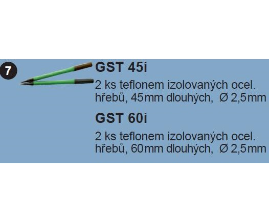 2 ks teflonem izolovaných ocelolových hřebů, 60 mm dlouhých, průměr 2,5 mm