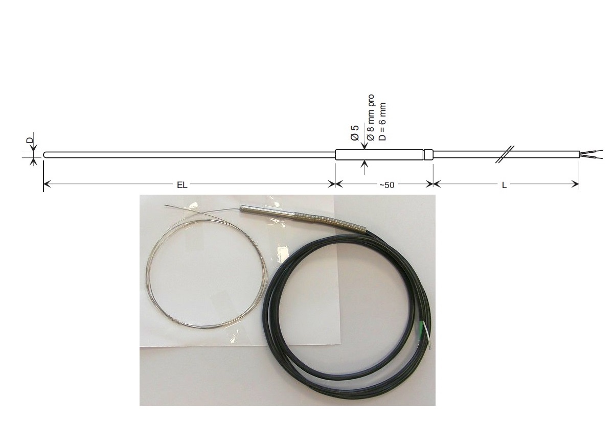 Plášťový termočlánek NiCr-Ni typ K, průměr 0,5mm,L-150mm, (-220÷1150)°C,přívodní kabel 1m