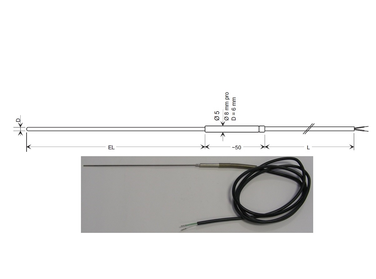 Plášťový termočlánek NiCr-Ni typ K, průměr 6mm, L-980mm,(-220÷1150)°C, přívodní kabel 1 m