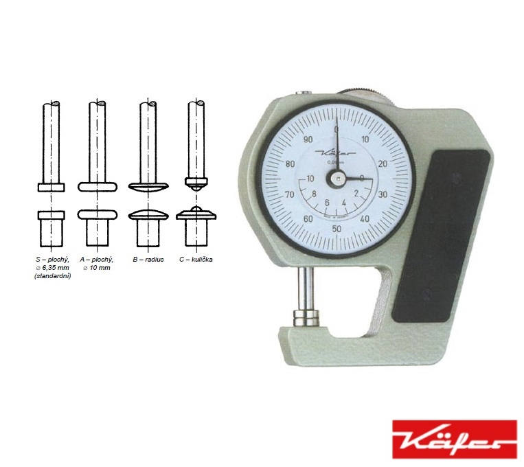 Setinový tloušťkoměr 0-10 mm, měřicí doteky „S“: plochý, průměr 6,35 mm (standardní)