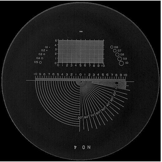 Měřicí destička S-1983-4W NO 4, úhly, poloměry, otvory, délky, polární síť v mm, bílá
