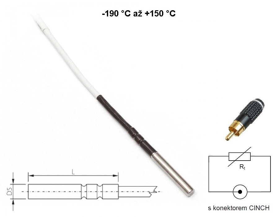 Kryogenní teplotní sonda Pt1000TR125/C, konektor CINCH, -190 až +150°C, kabel 1 metr