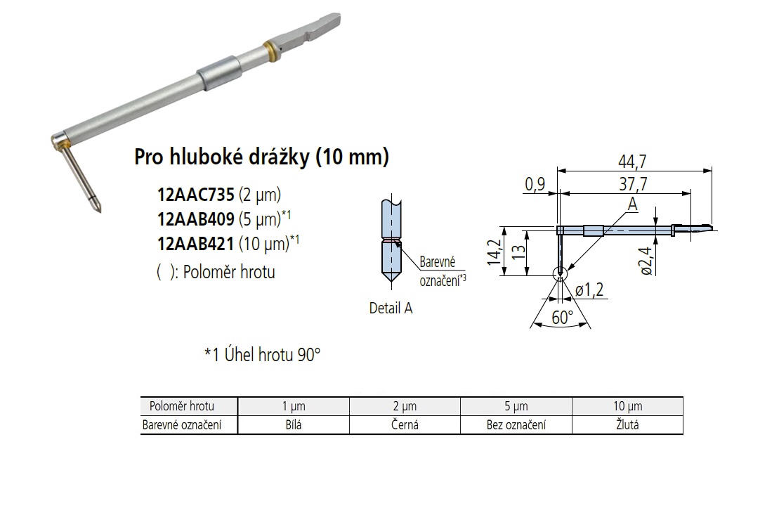 Dotek pro hluboké drážky 10 mm, poloměr hrotu 2 µm, 60°, pro drsnoměry série SJ-410