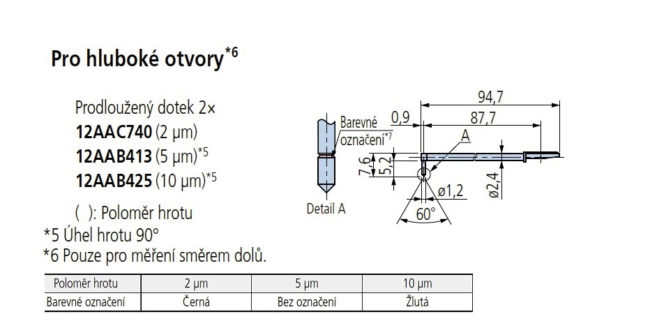 Prodloužený dotek 2x, poloměr hrotu 5 µm, 90°, pro drsnoměry série SJ-410