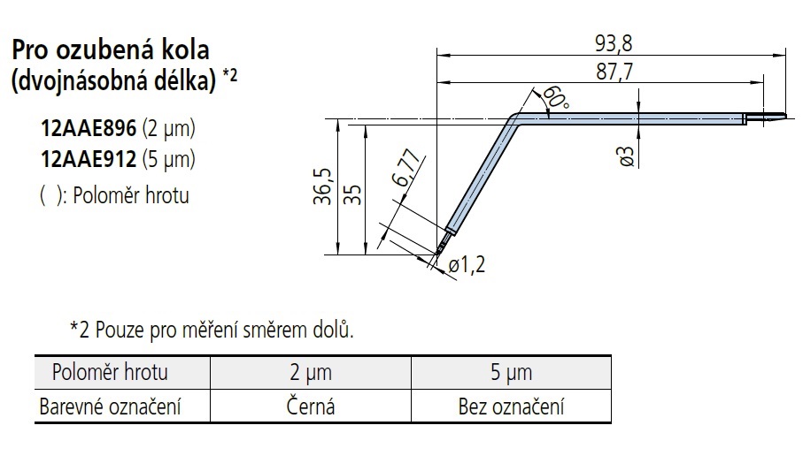 Prodloužený dotek pro ozubená kola, poloměr hrotu 2 µm, 60°, pro drsnoměry SJ-410