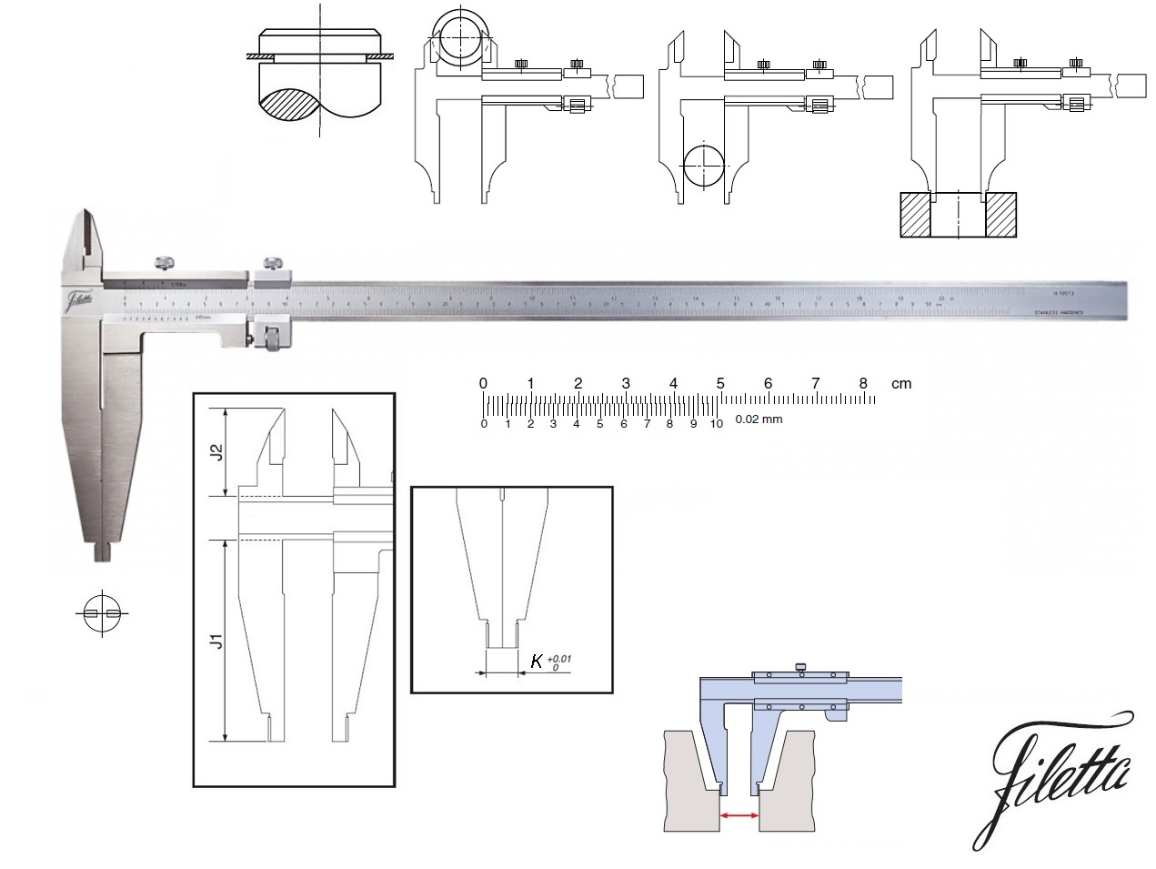Posuvné měřítko Filetta 0-500/0,02 mm, čelisti 150 mm, s měřicími nožíky pro vnější měření
