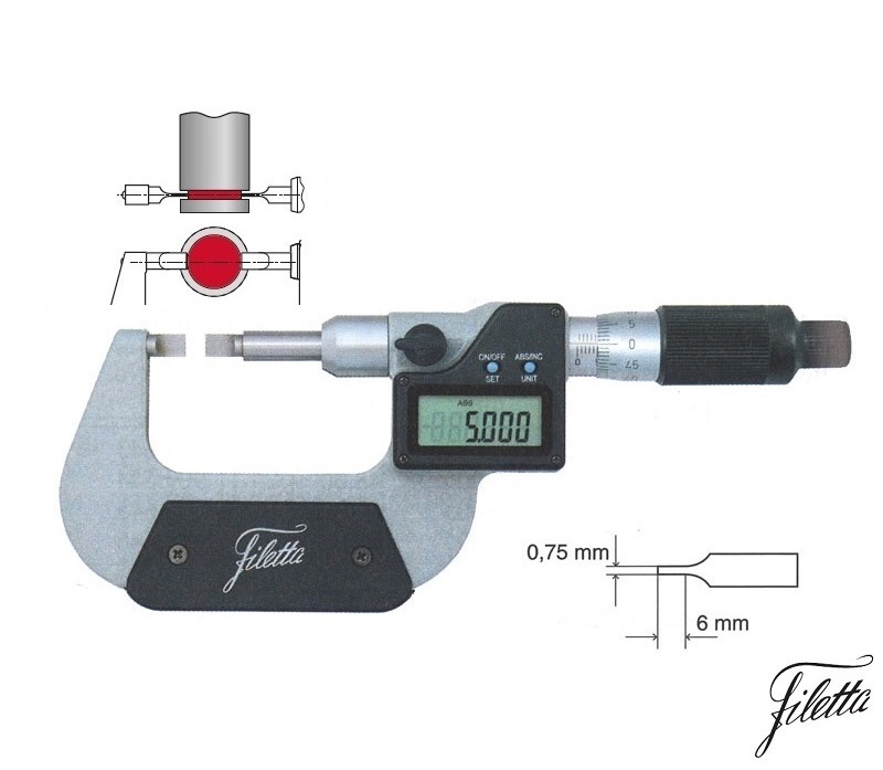 Digitální třmenový mikrometr Filetta 50-75 mm na měření drážek, IP65
